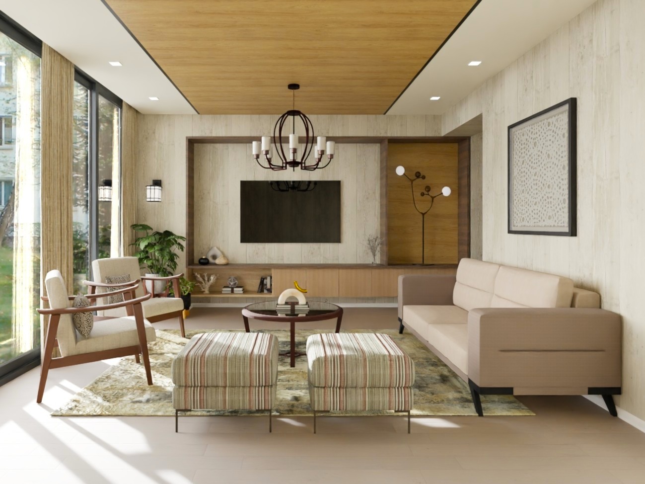 Contemporary living room with wooden ceiling and furniture - Beautiful Homes