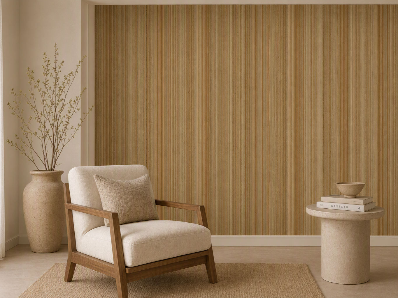 Floor-to-ceiling wallpaper with fine vertical stripes in beige, tan, ochre, and soft terracotta tones - Beautiful Homes