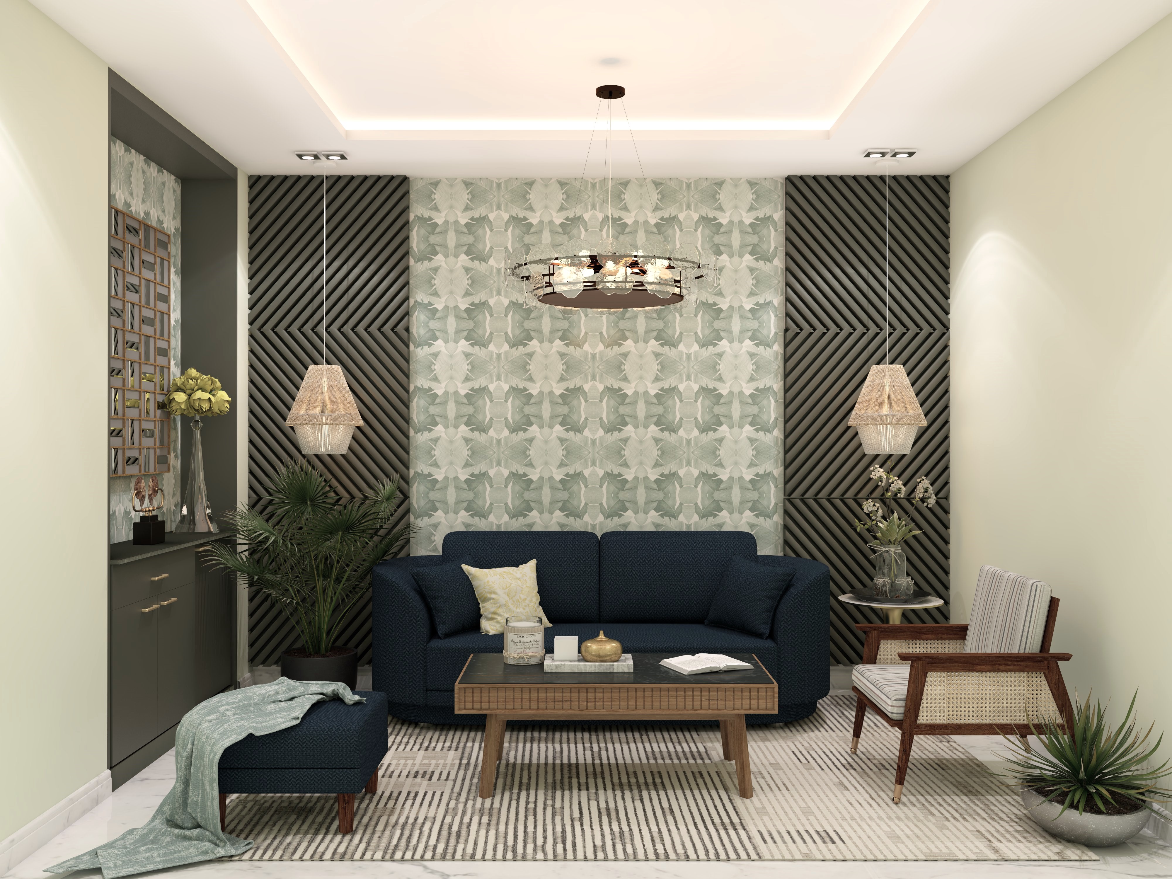 Modern living room with blue sofa and décor - Beautiful Homes