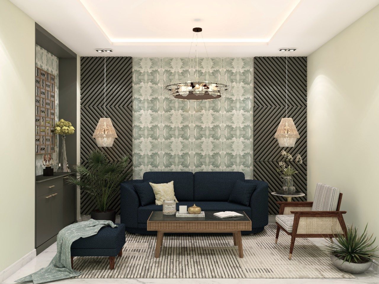 Modern living room with blue sofa and décor - Beautiful Homes