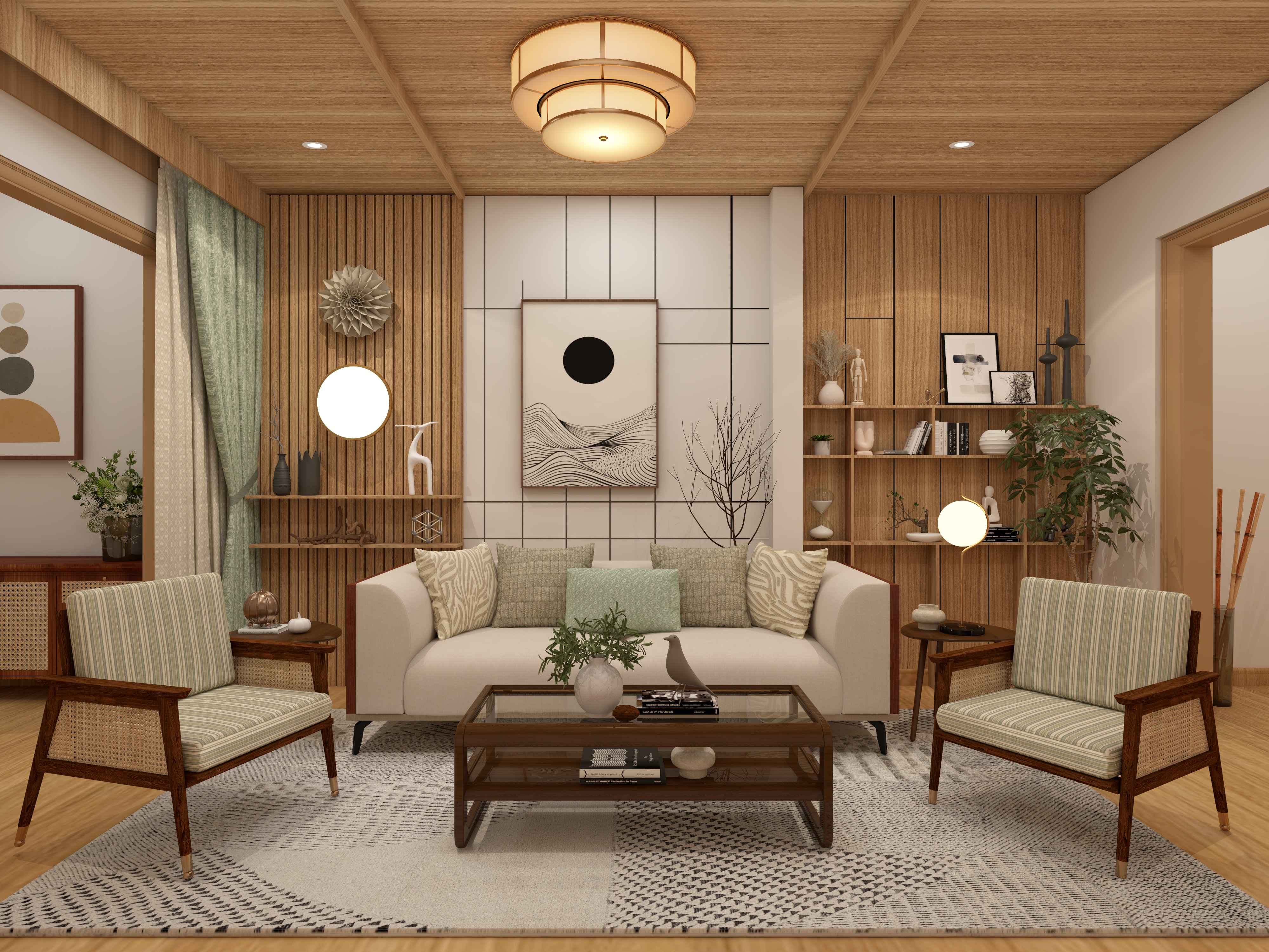 Modern living room with wooden walls and décor - Beautiful Homes