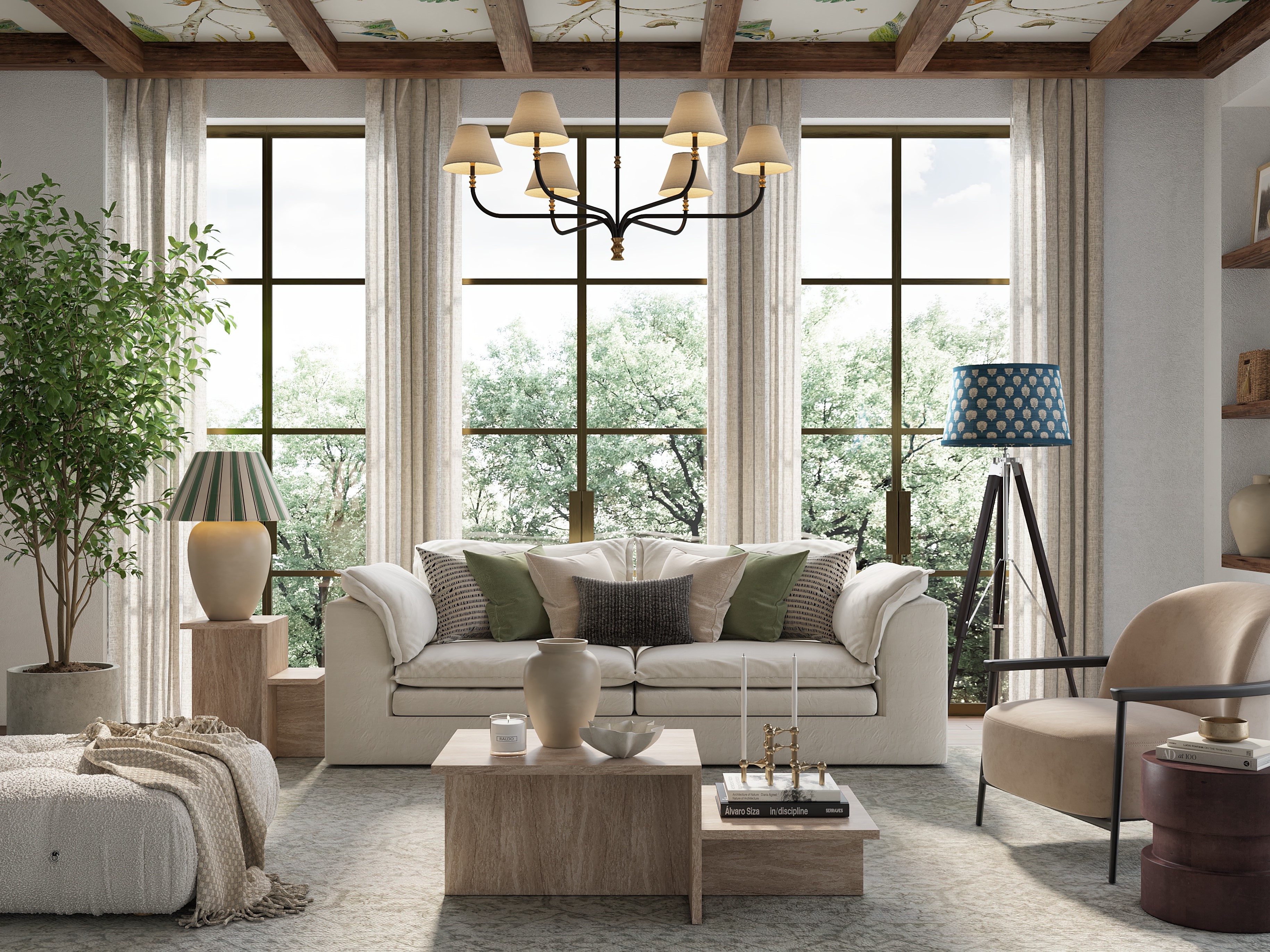 Modern living area with sofa and wooden panel ceiling - Beautiful Homes