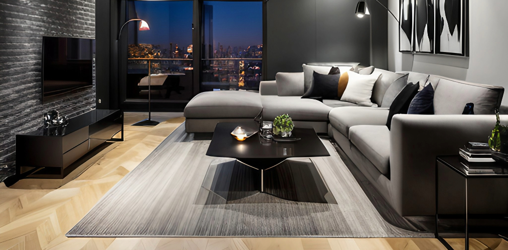 Modern grey and black living room with wood flooring-Beautiful Homes