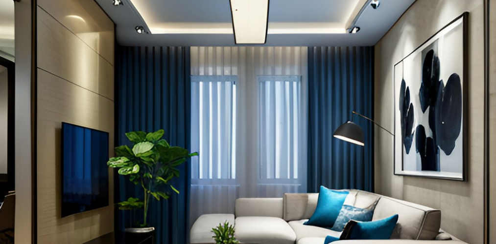 Modern Grey and Blue Living Room with False Ceiling - Beautiful Homes