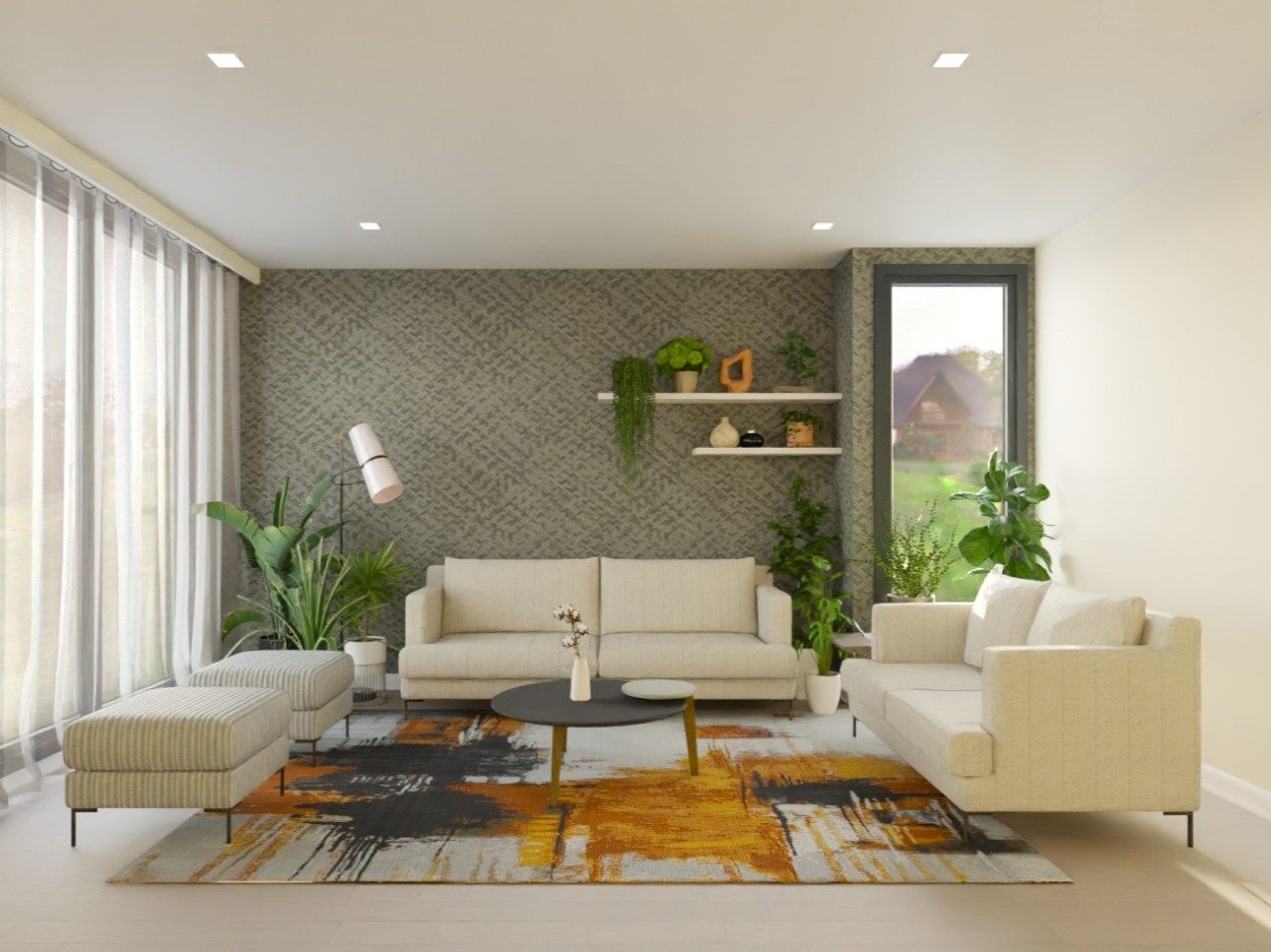 Stylish living room with beige sofa and plants - Beautiful Homes
