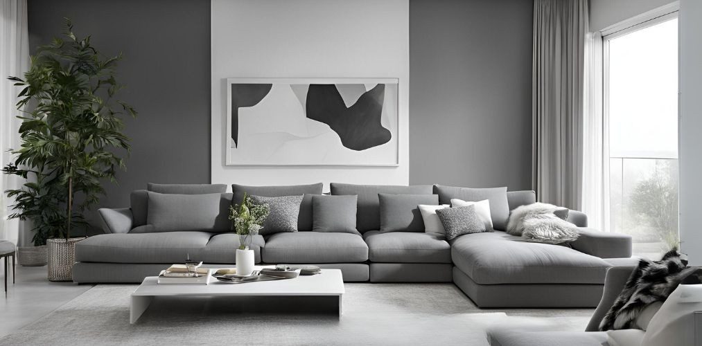 Modern grey and white living room with grey sectional sofa - Beautiful Homes