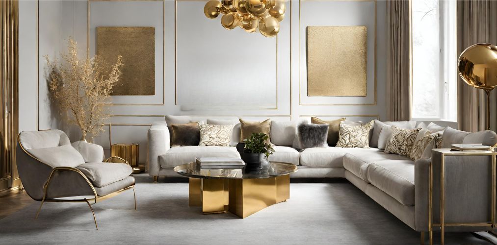 Modern grey living room with golden accents-Beautiful Homes