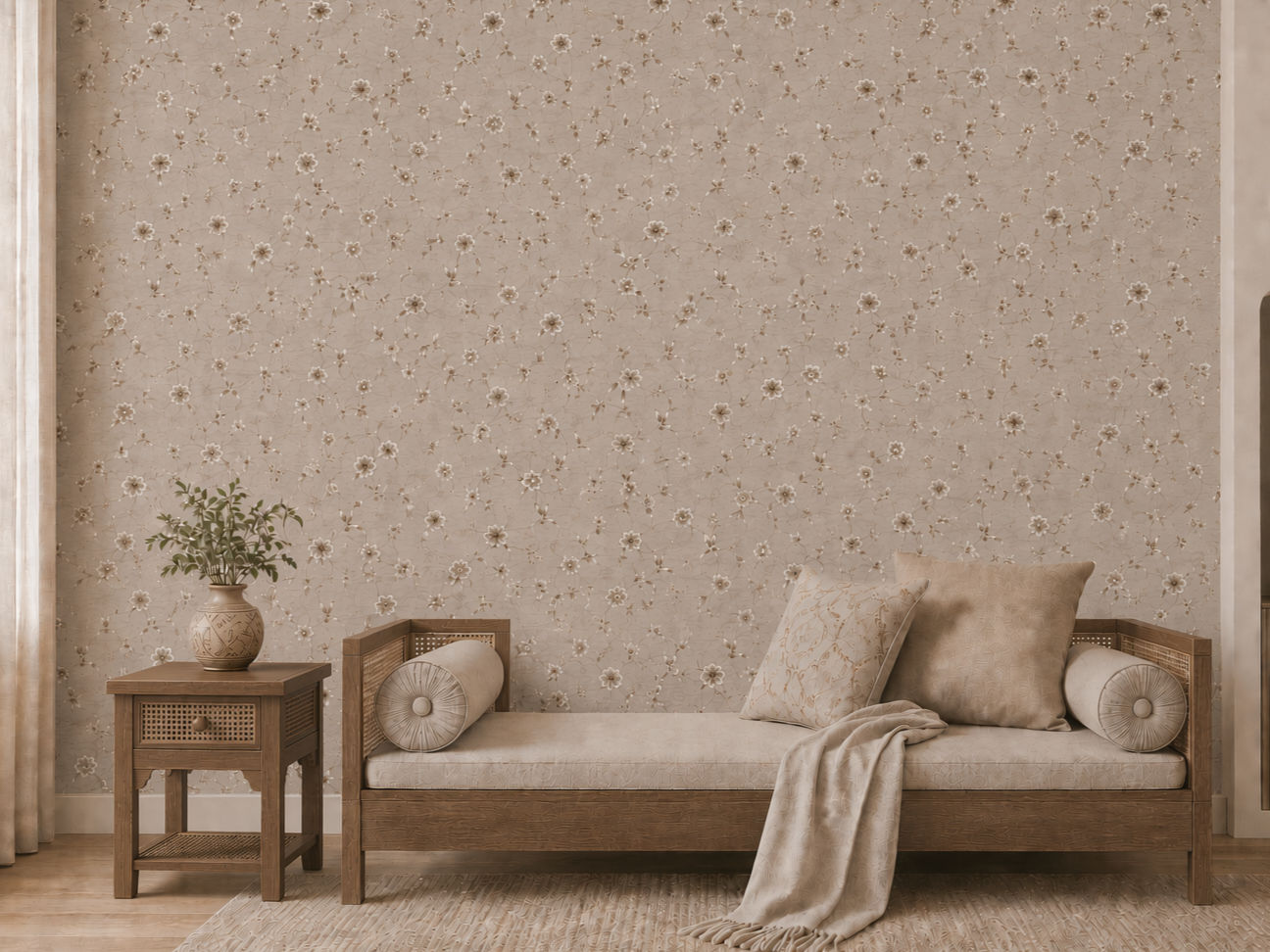 Light beige wallpaper with a subtle floral vine pattern in soft brown and cream tones - Beautiful Homes