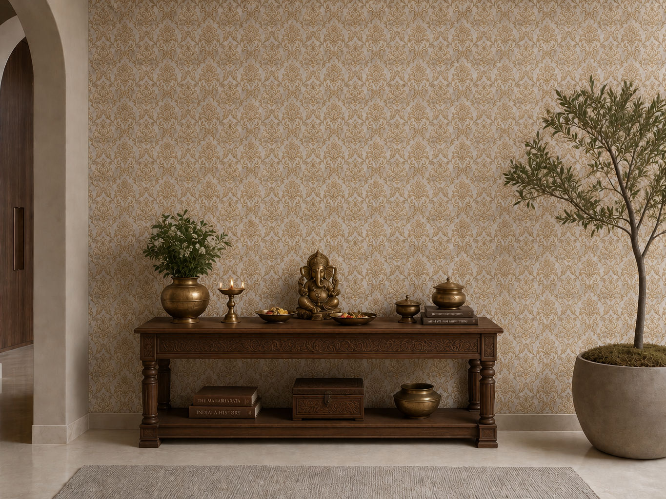 Light beige wallpaper with an intricate damask pattern in soft golden-brown tones - Beautiful Homes