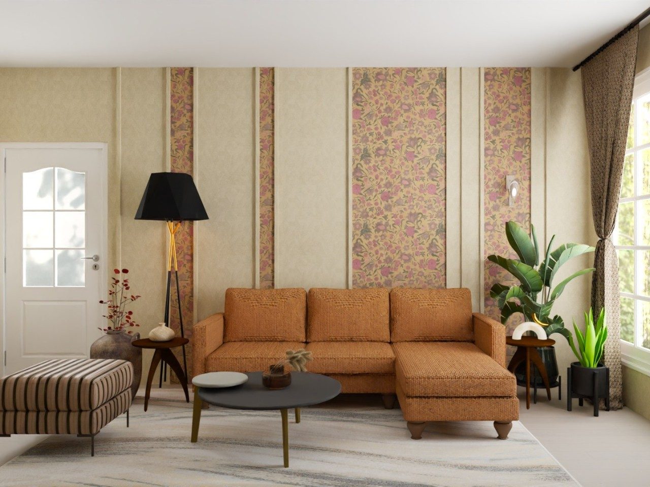 Living room with floral wall, sofa, and décor - Beautiful Homes