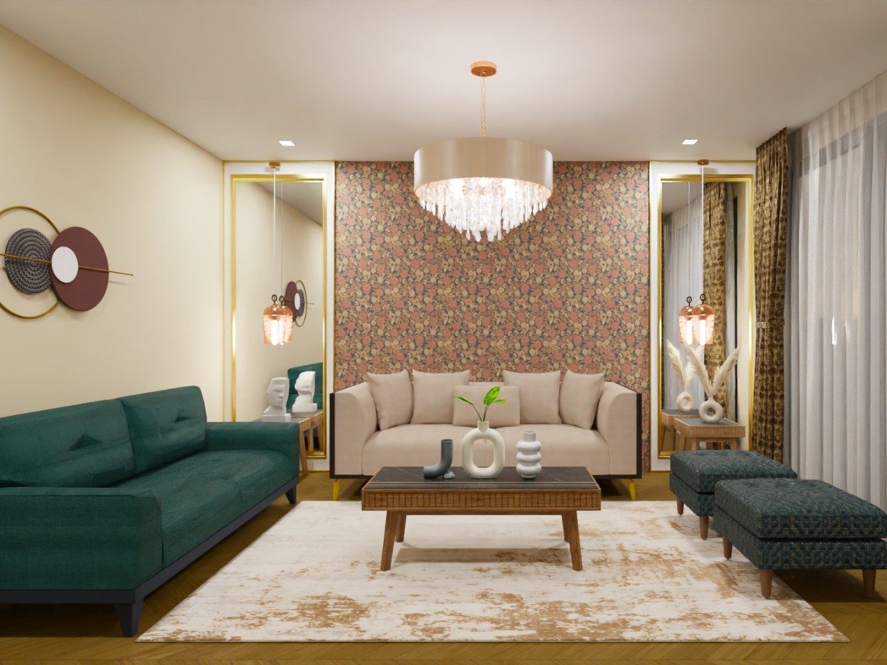 Stylish living room with sofas and chandelier - Beautiful Homes