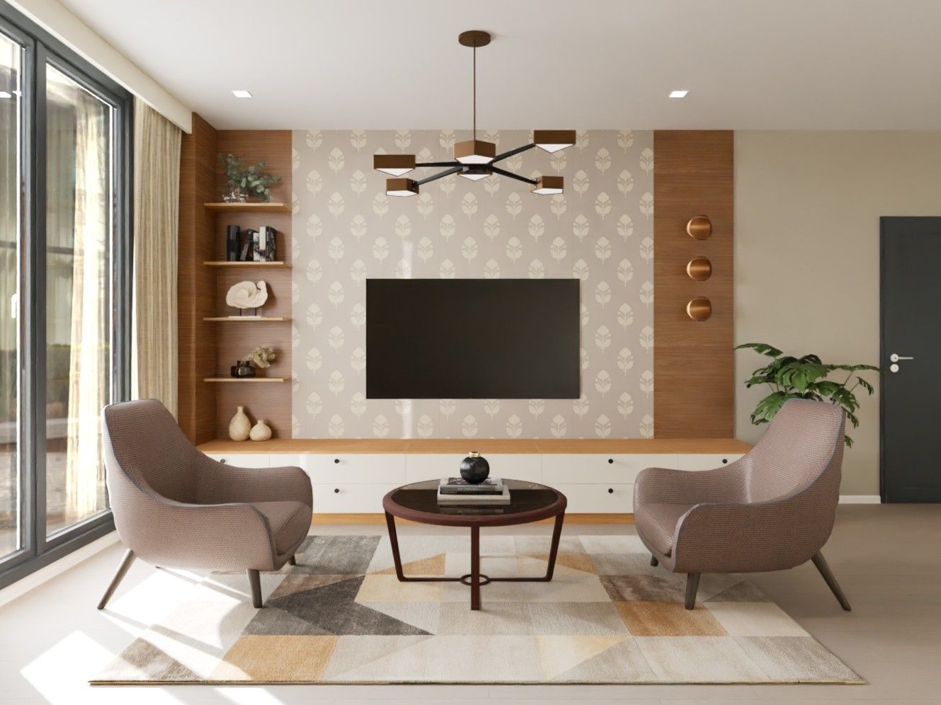 Modern living room featuring a media console, geometric rug, and natural light - Beautiful Homes