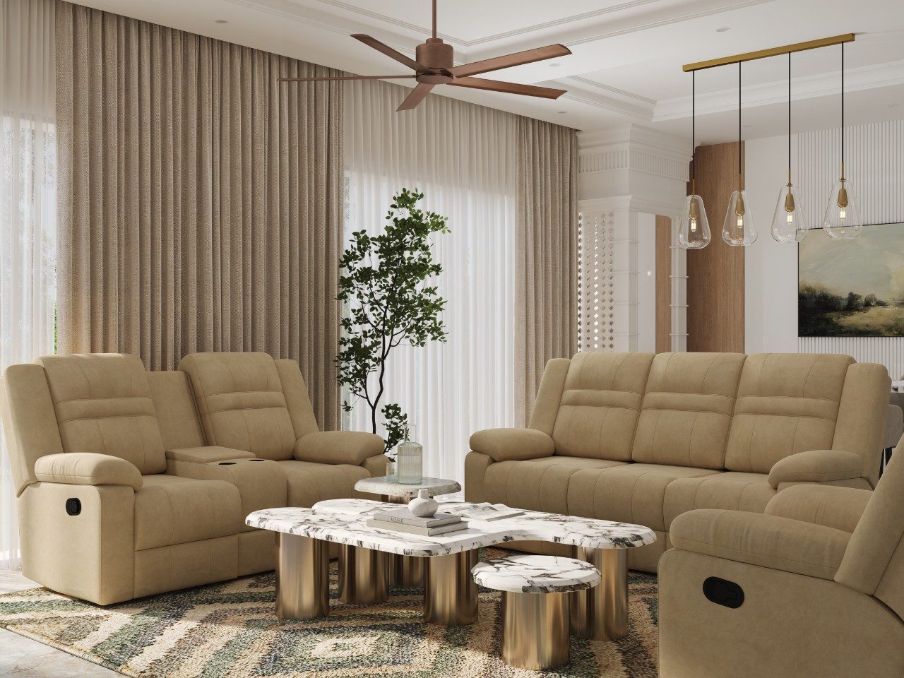 Living room with beige sofa and marble table - Beautiful Homes