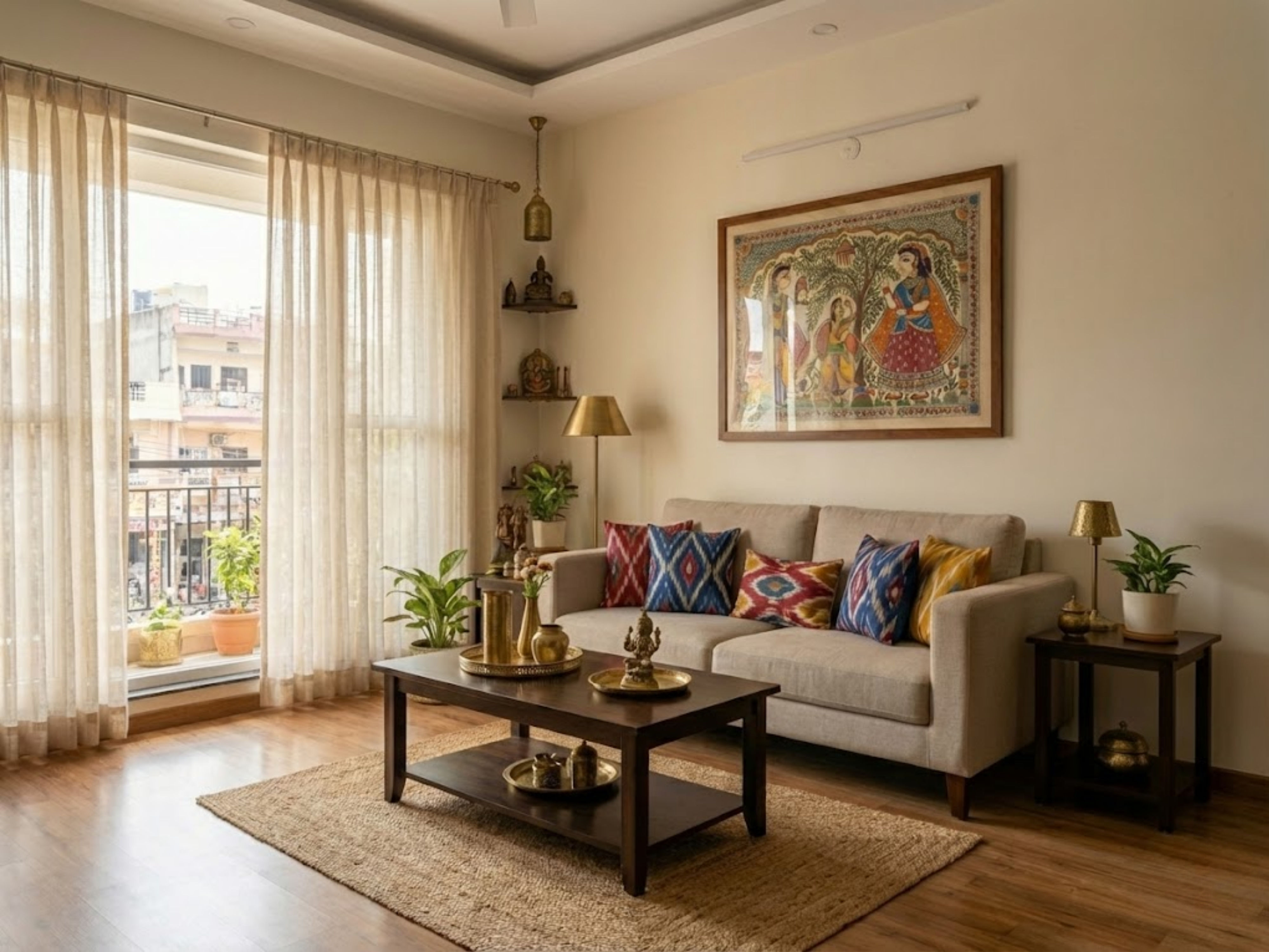 Living room with sofa, table, plants, and wall art - Beautiful Homes