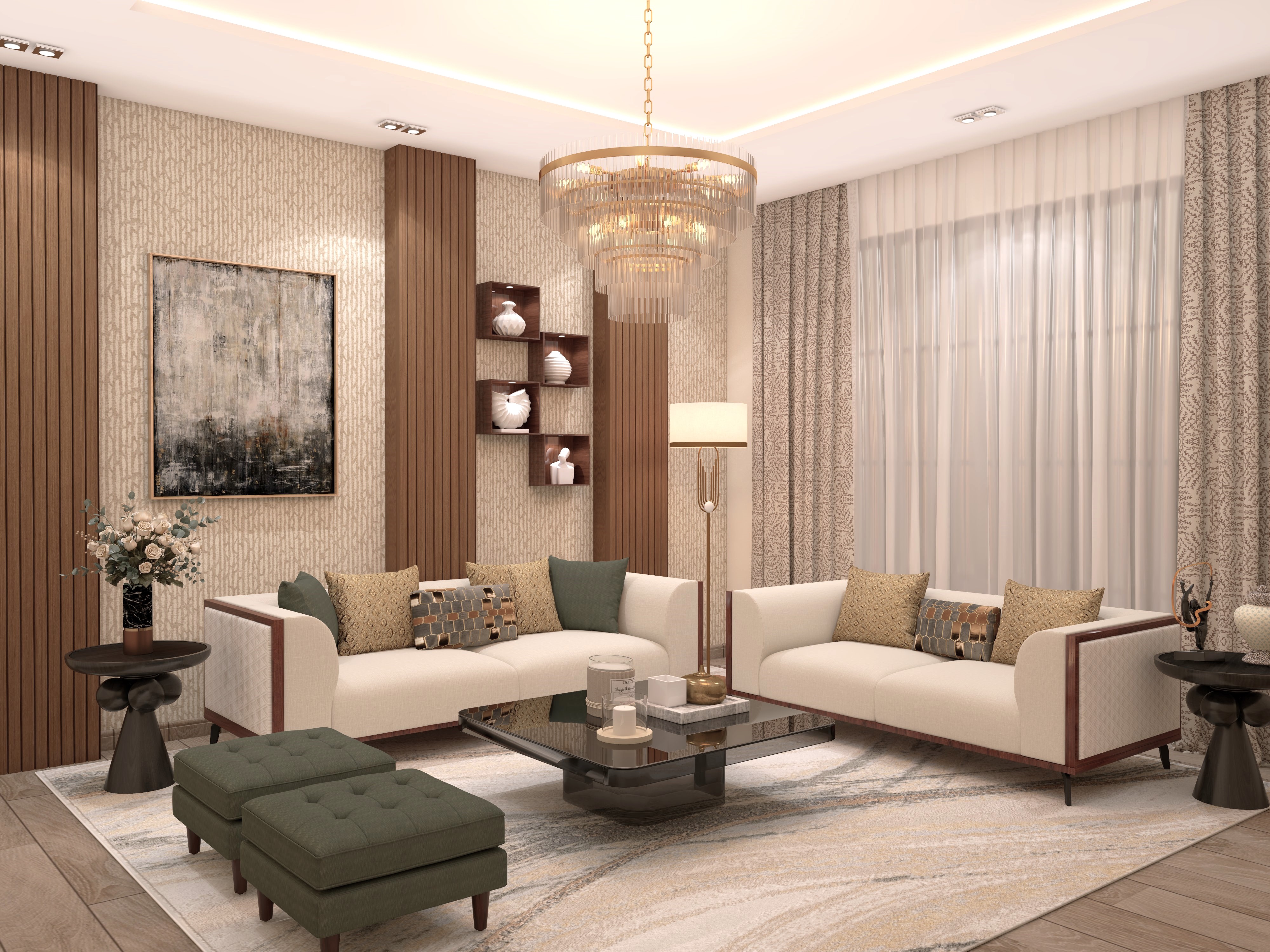 Living room with chandelier, sofa, and wooden décor - Beautiful Homes