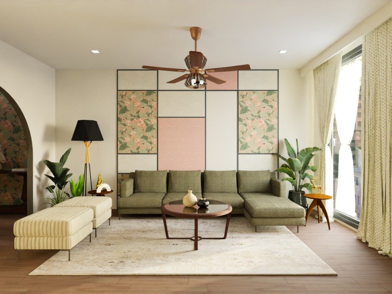 Living room with green sofa, wooden flooring, décor - Beautiful Homes