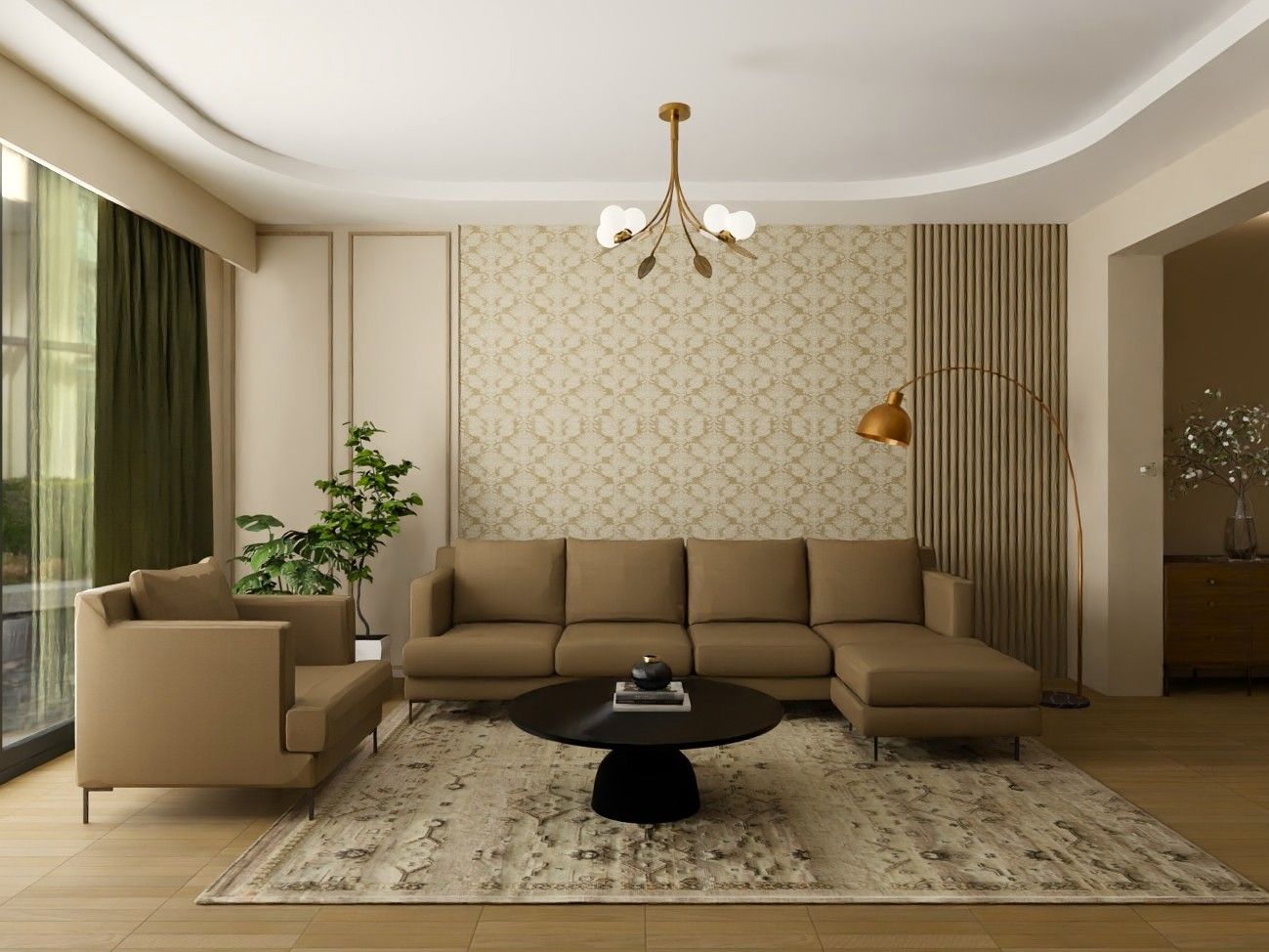 Contemporary living room with L-shaped sofa, patterned rug, and gold chandelier - Beautiful Homes