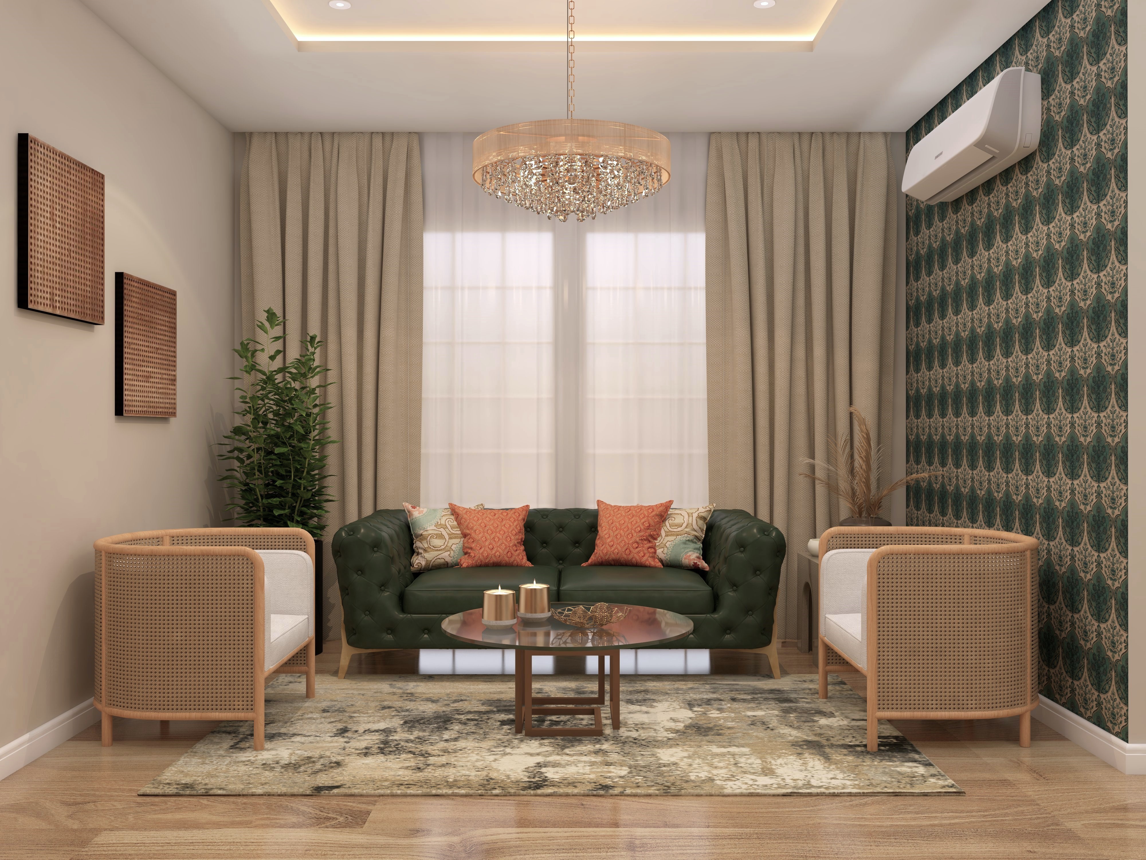 Modern Indian living room with Nilaya wallpaper and white teak chandelier - Beautiful Homes