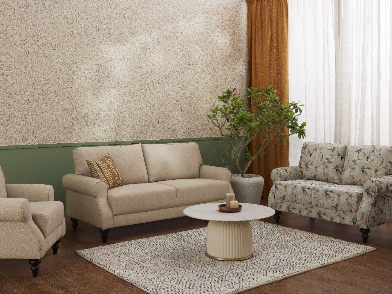 Living room with beige upholstered seating and patterned sofa - Beautiful Homes