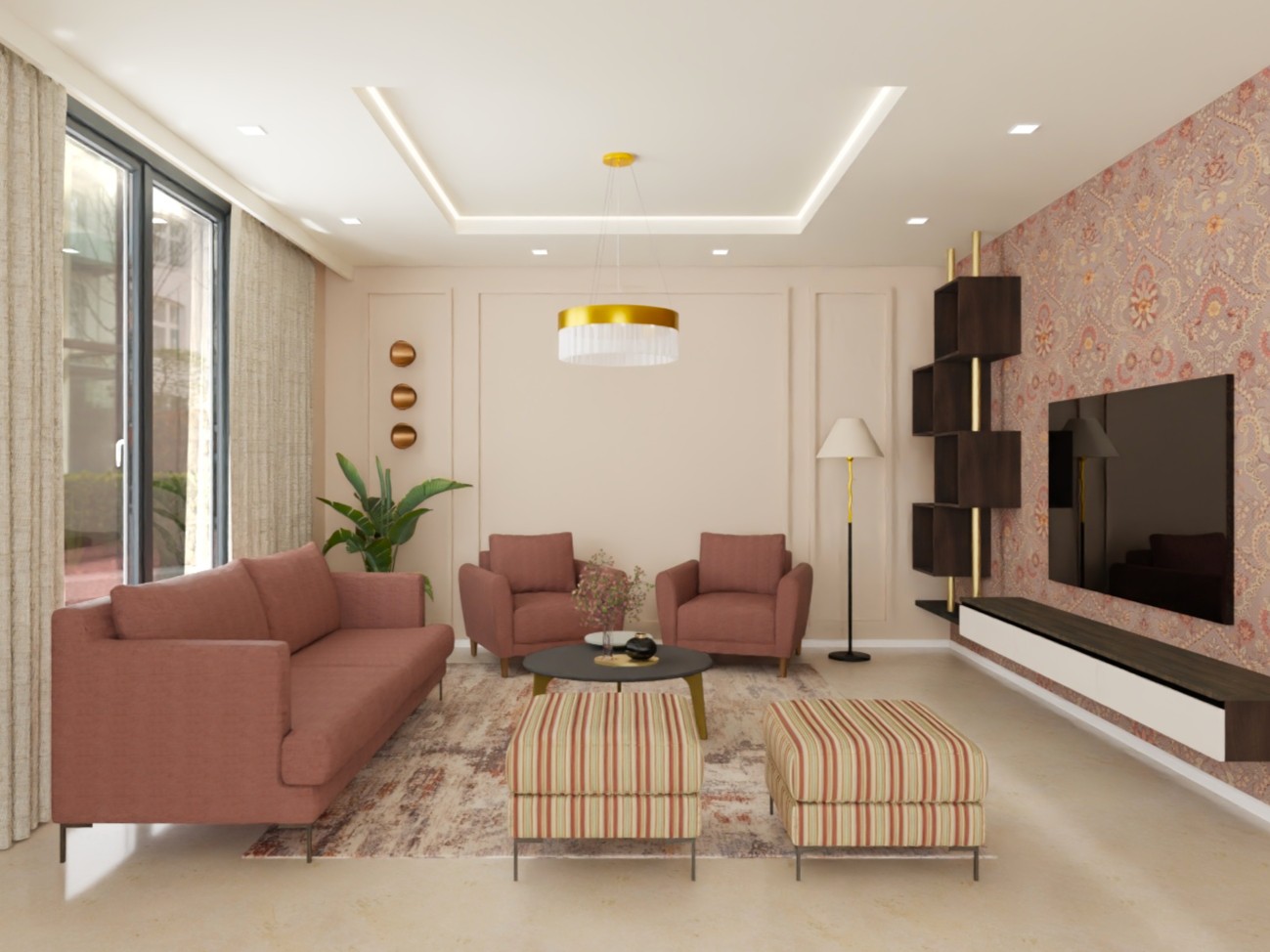 Contemporary living room with pink seating and wooden TV unit - Beautiful Homes