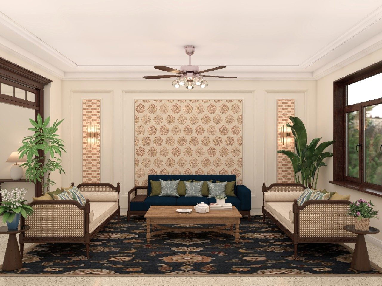 Modern Indian living room with wooden rattan sofa set and motif wallpaper - Beautiful Homes