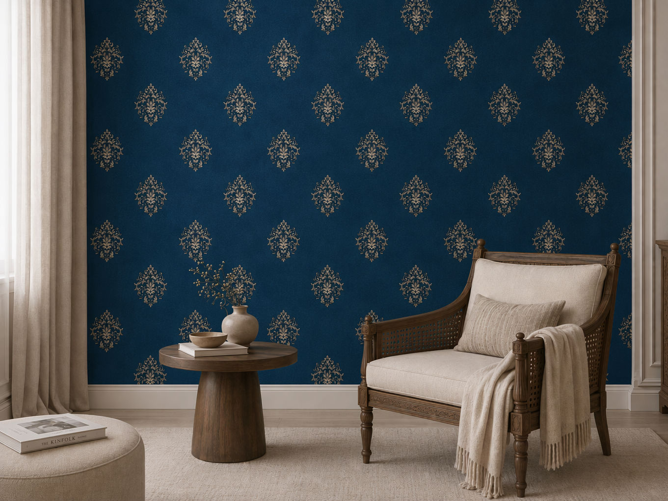Deep navy blue wallpaper with a repeating damask motif in muted gold tones - Beautiful Homes