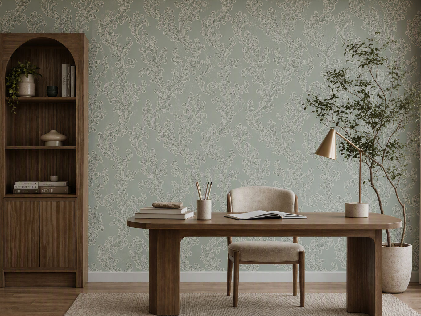 Soft sage green wallpaper with a repeating cream botanical damask pattern - Beautiful Homes