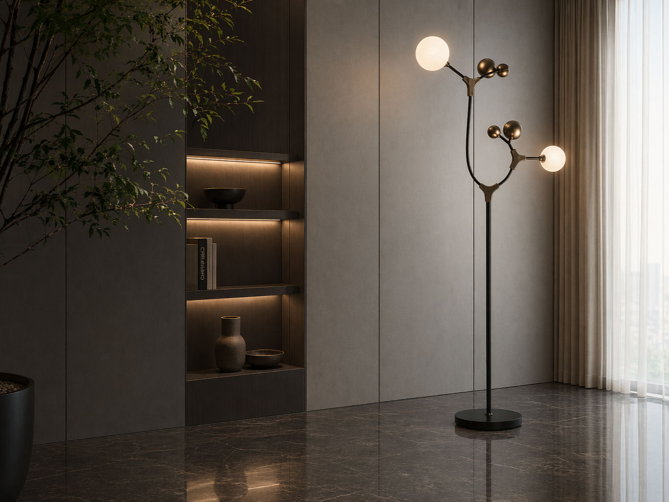 Artistic floor lamp with a black stem, bronze branching frame, and glowing frosted glass globes - Beautiful Homes