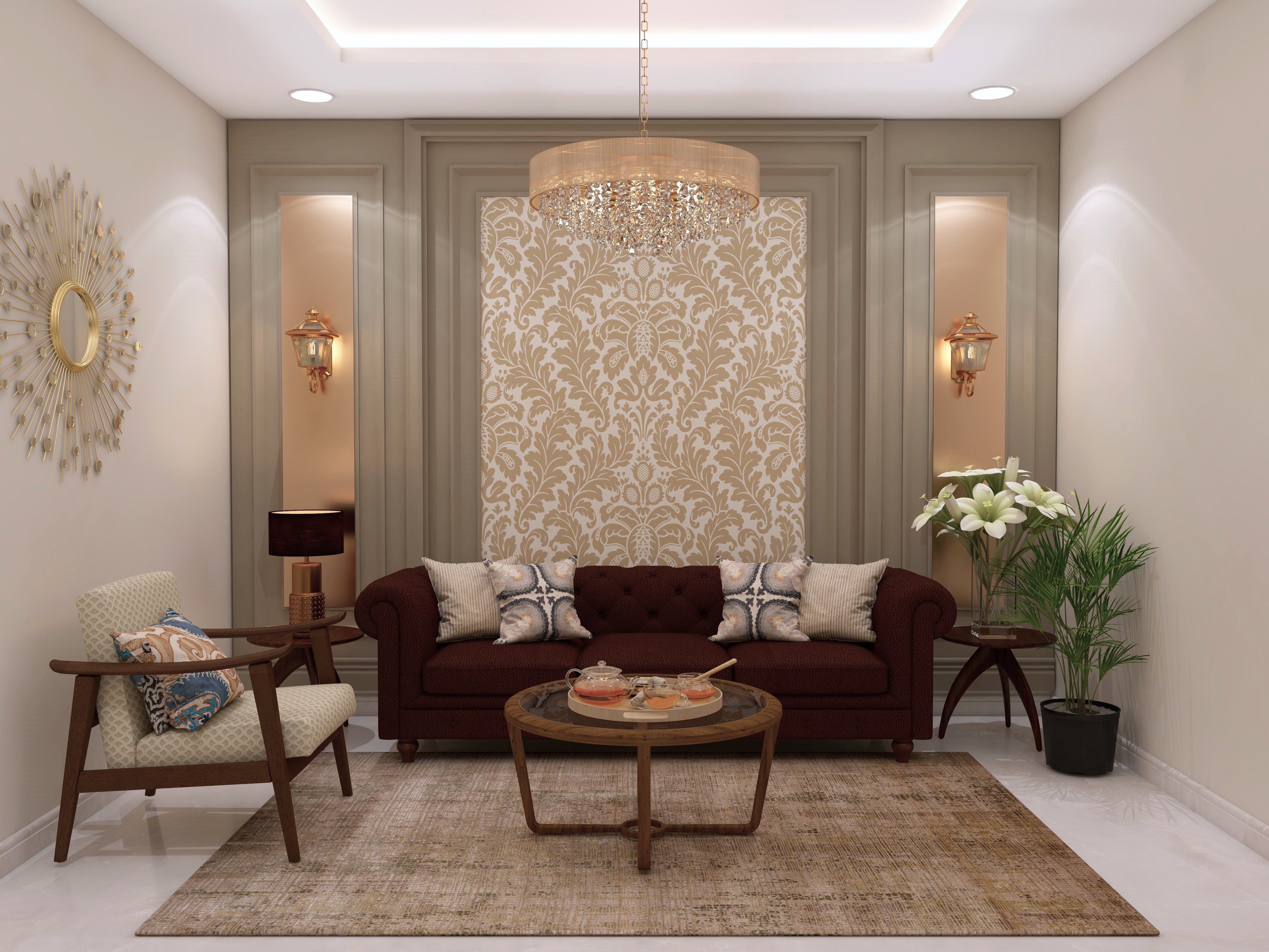 Modern indian style with Nilaya wallpaper and AP chesterfield sofa - Beautiful Homes