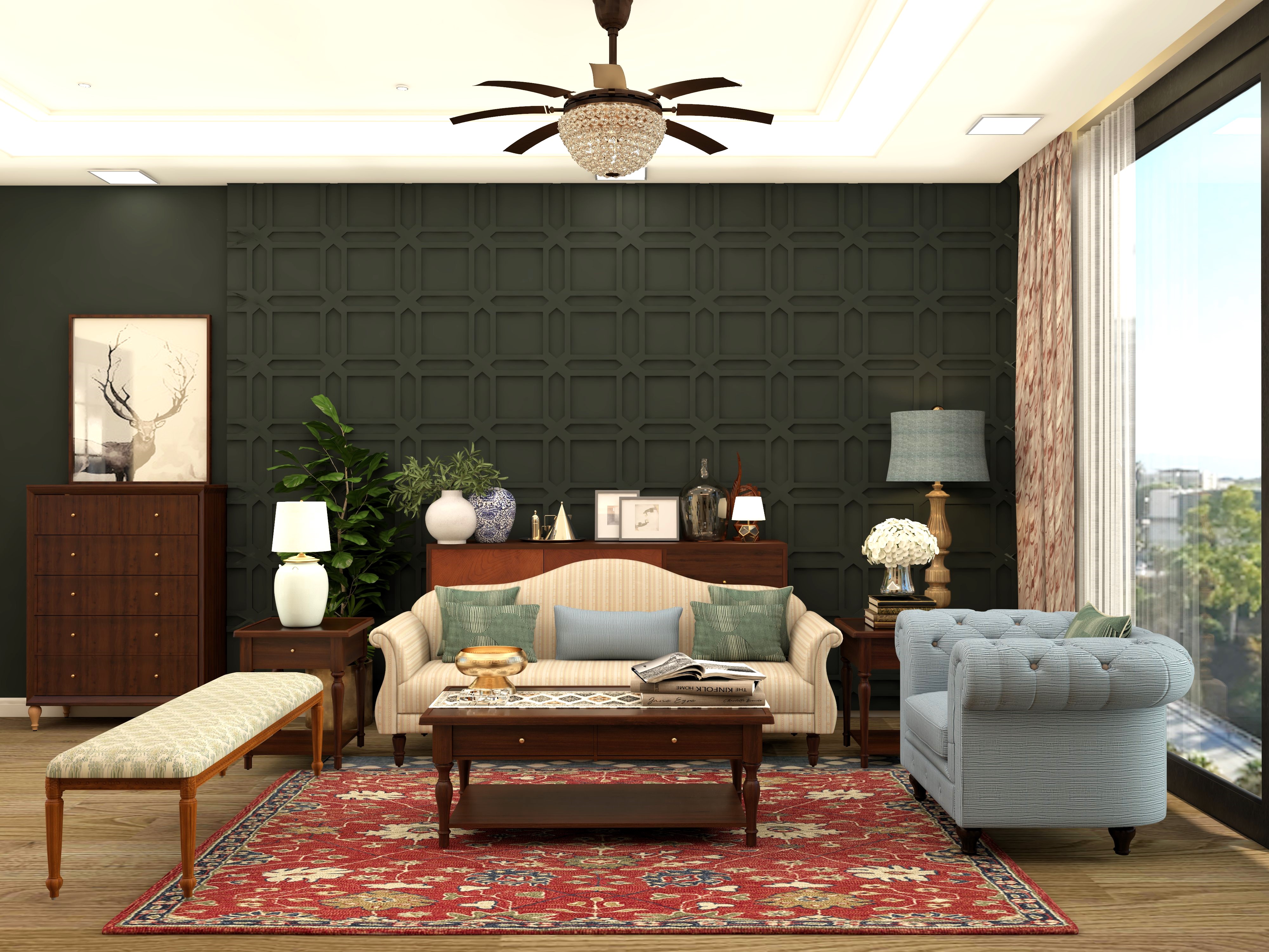 Modern Indian theme living room with square back panel and chandelier - Beautiful Homes