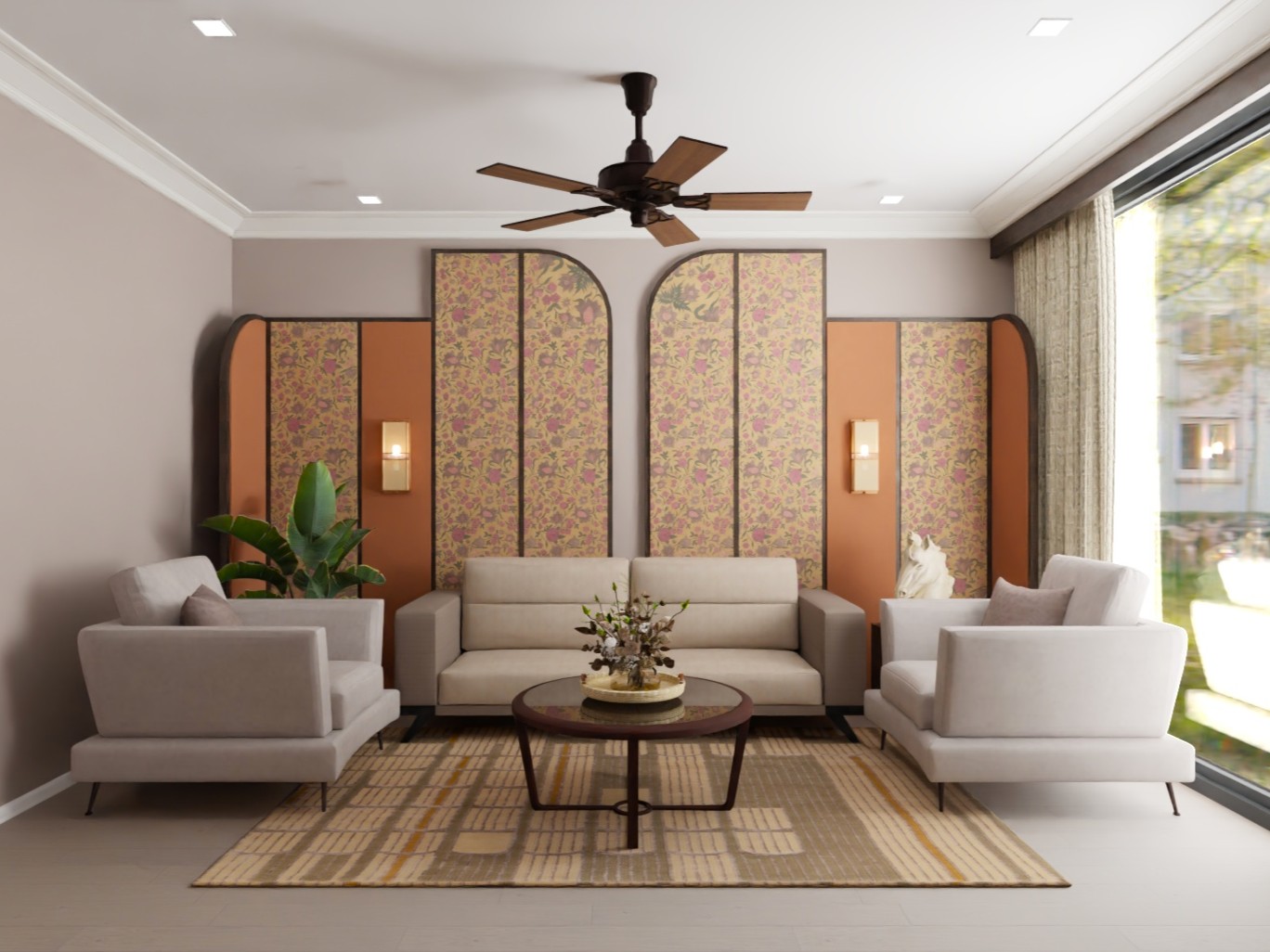 Chic living room with sofa and floral panels - Beautiful Homes