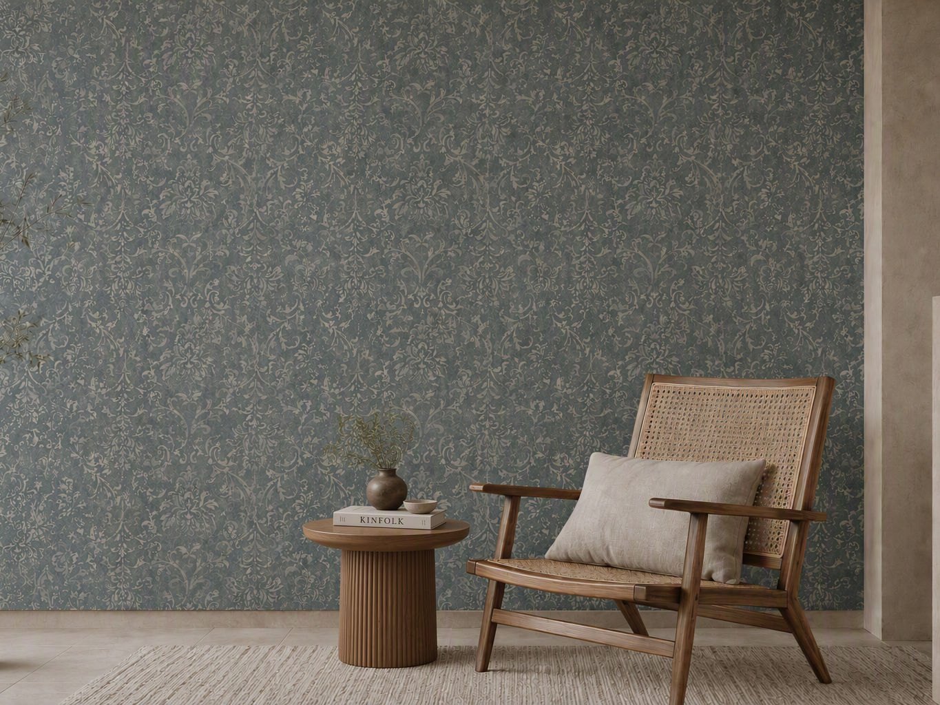 Muted slate blue wallpaper featuring a distressed vintage damask pattern in a modern living space - Beautiful Homes