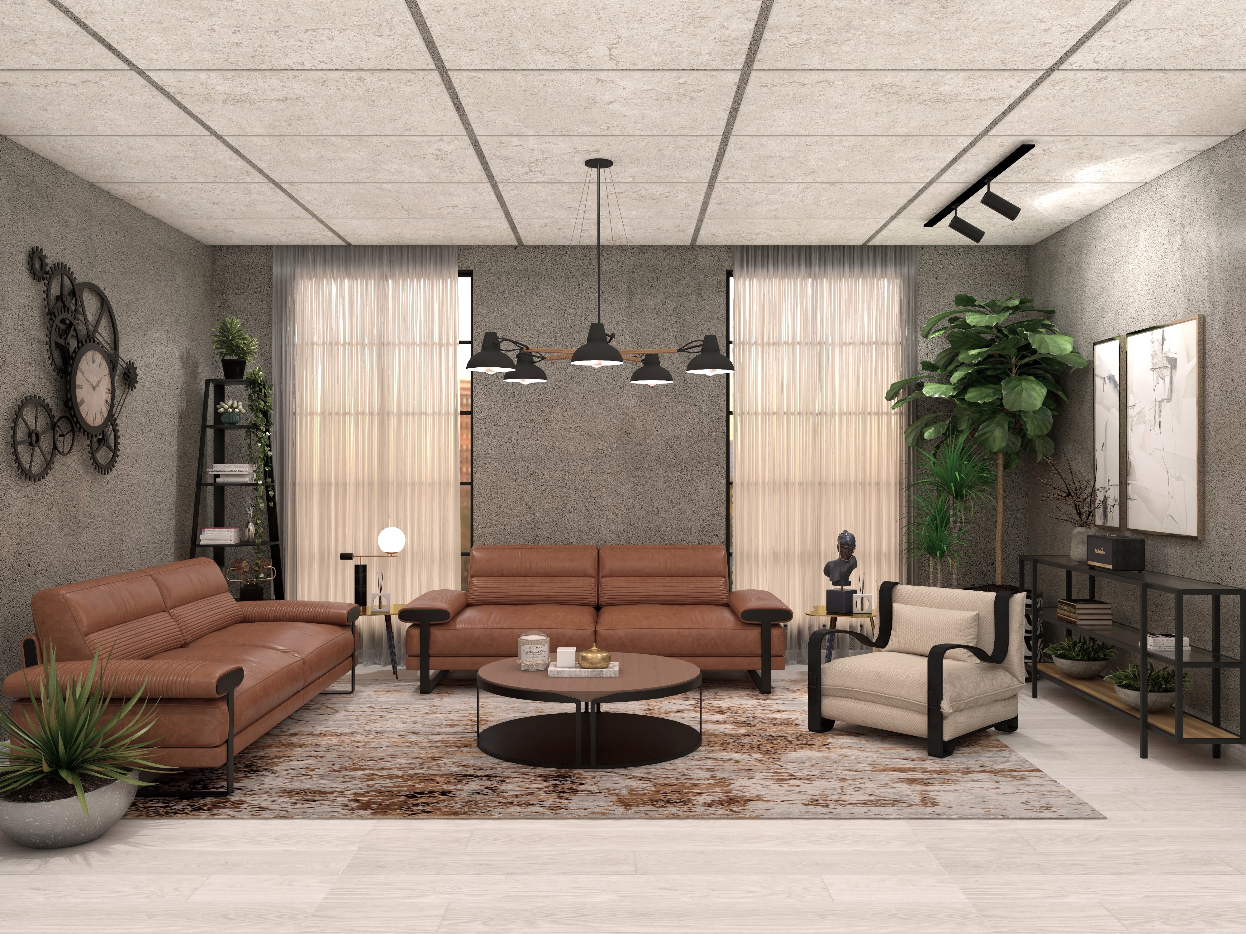 Living room with leather seating and décor elements - Beautiful Homes