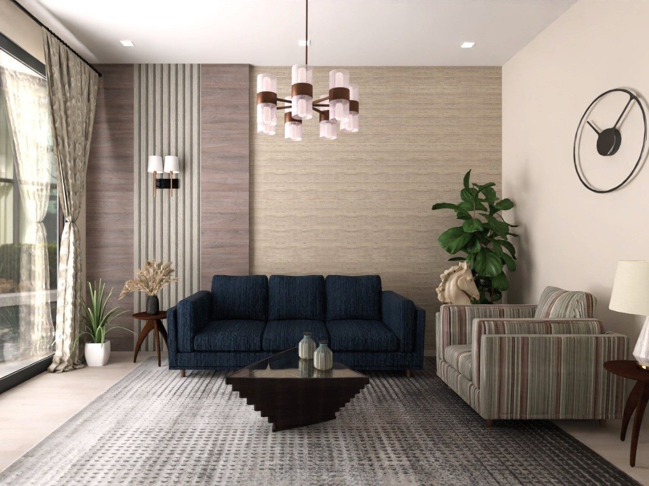 Living room with blue sofa and striped chair - Beautiful Homes