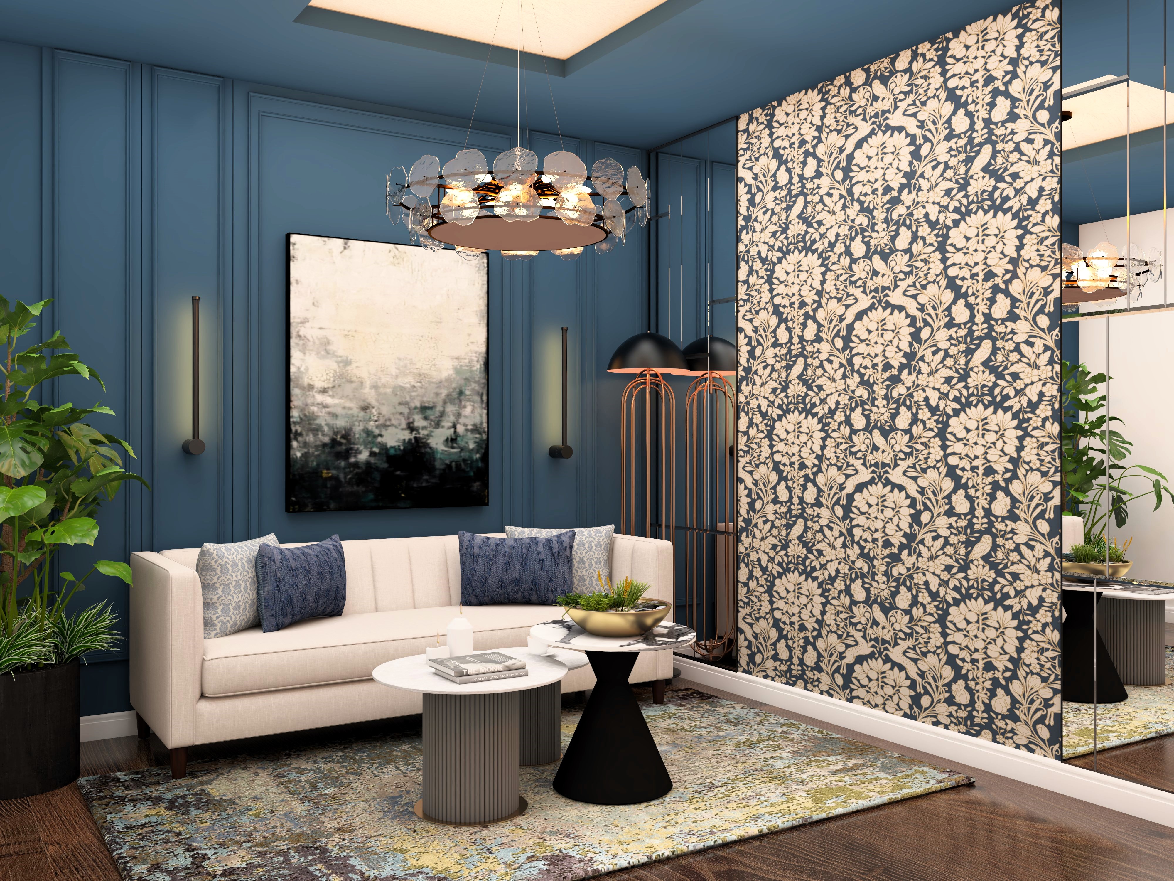 Living room with blue wall paneling and wallpaper with golden motifs-Beautiful Homes