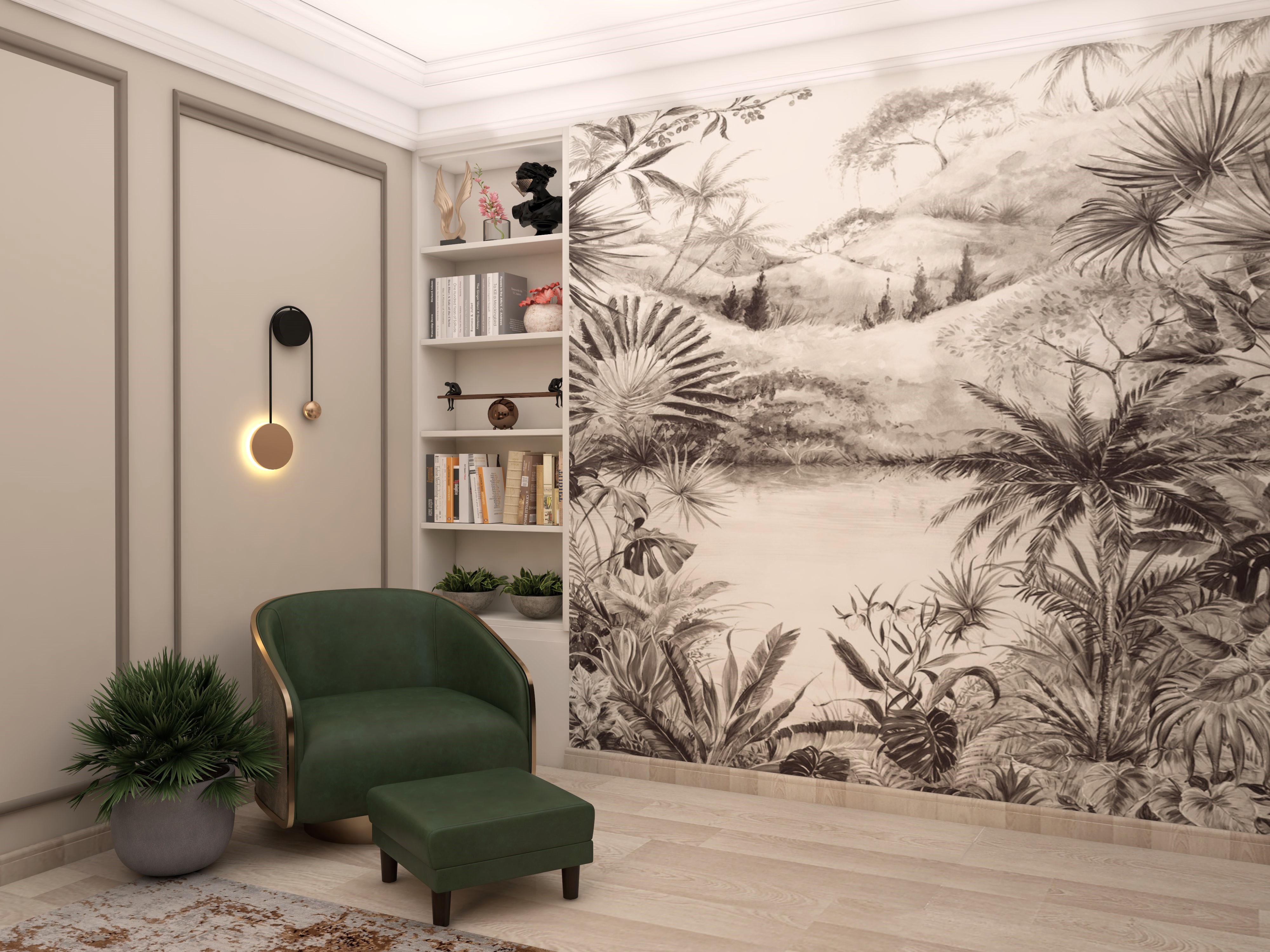 Modern living room corner with dark green armchair with footrest and in-built wall shelves - Beautiful Homes