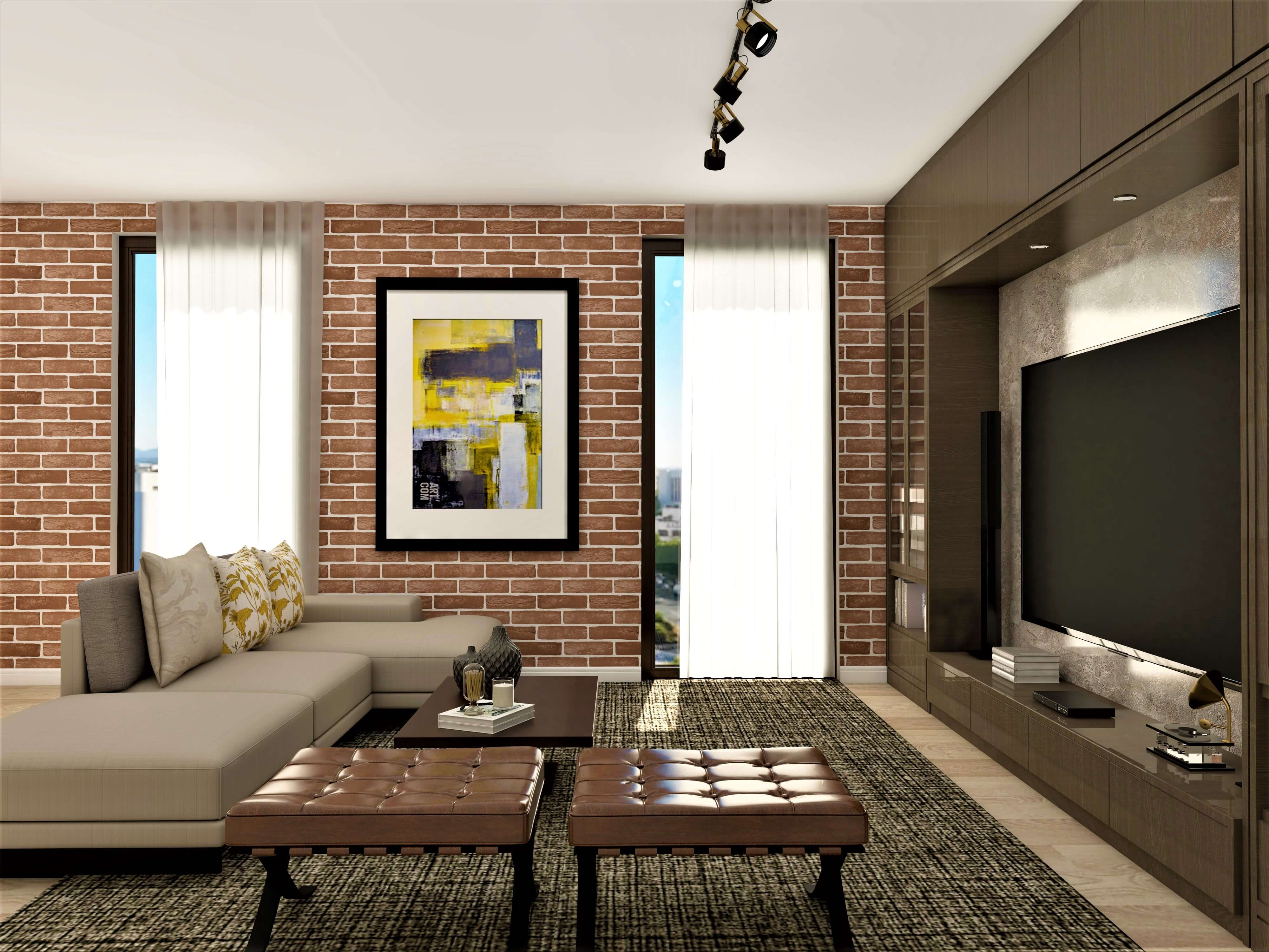 Modern living room design with brick-textured accent wall - Beautiful Homes
