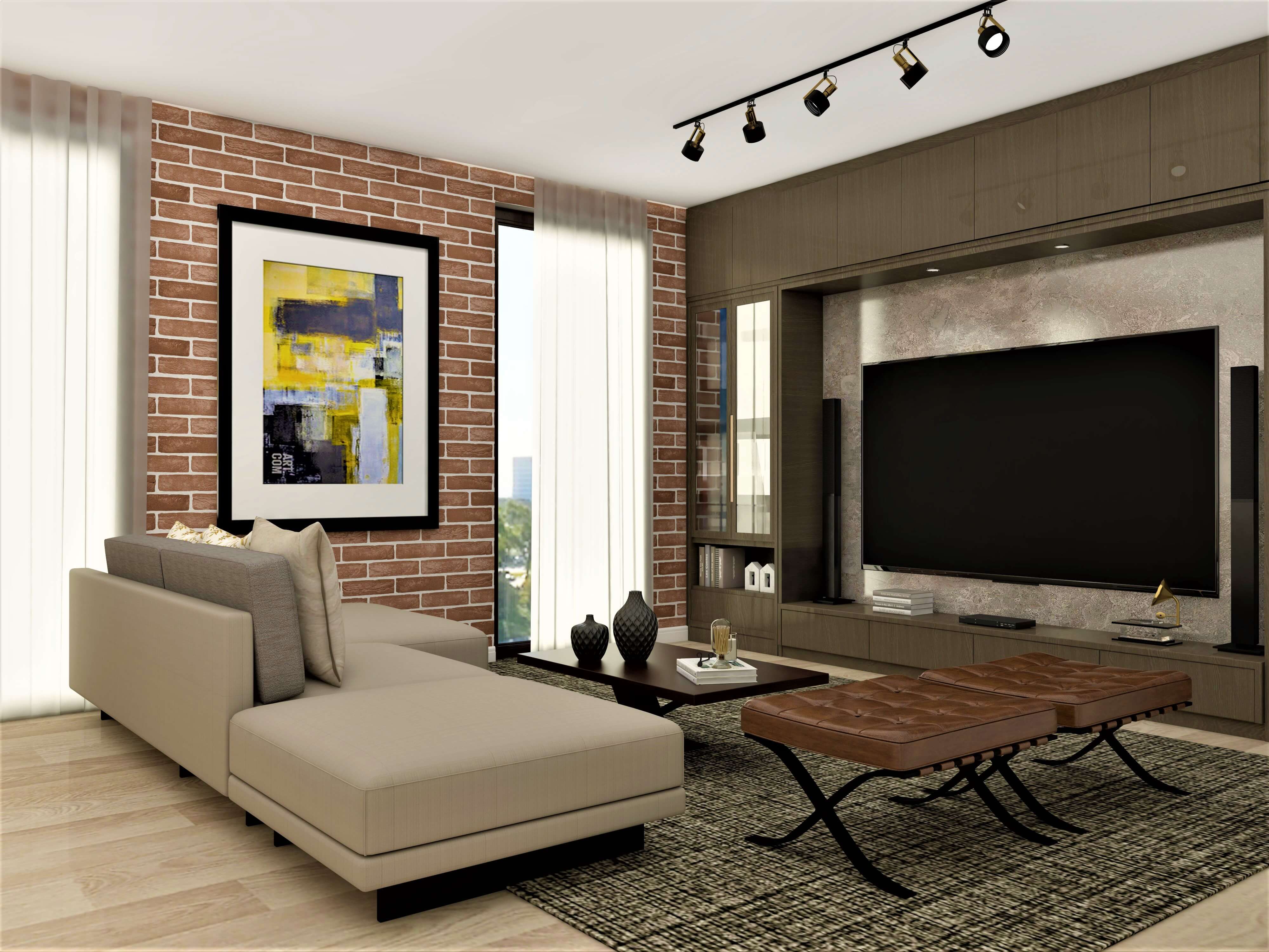 Modern living room with brick-textured accent wall - Beautiful Homes