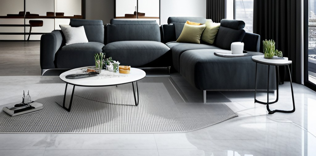 Modern living room with grey sofa and white floor tiles-BeautifulHomes
