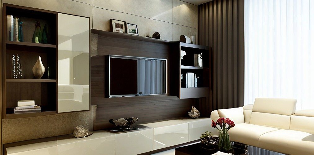 Modern living room design with wooden wall cabinets-Beautiful Homes