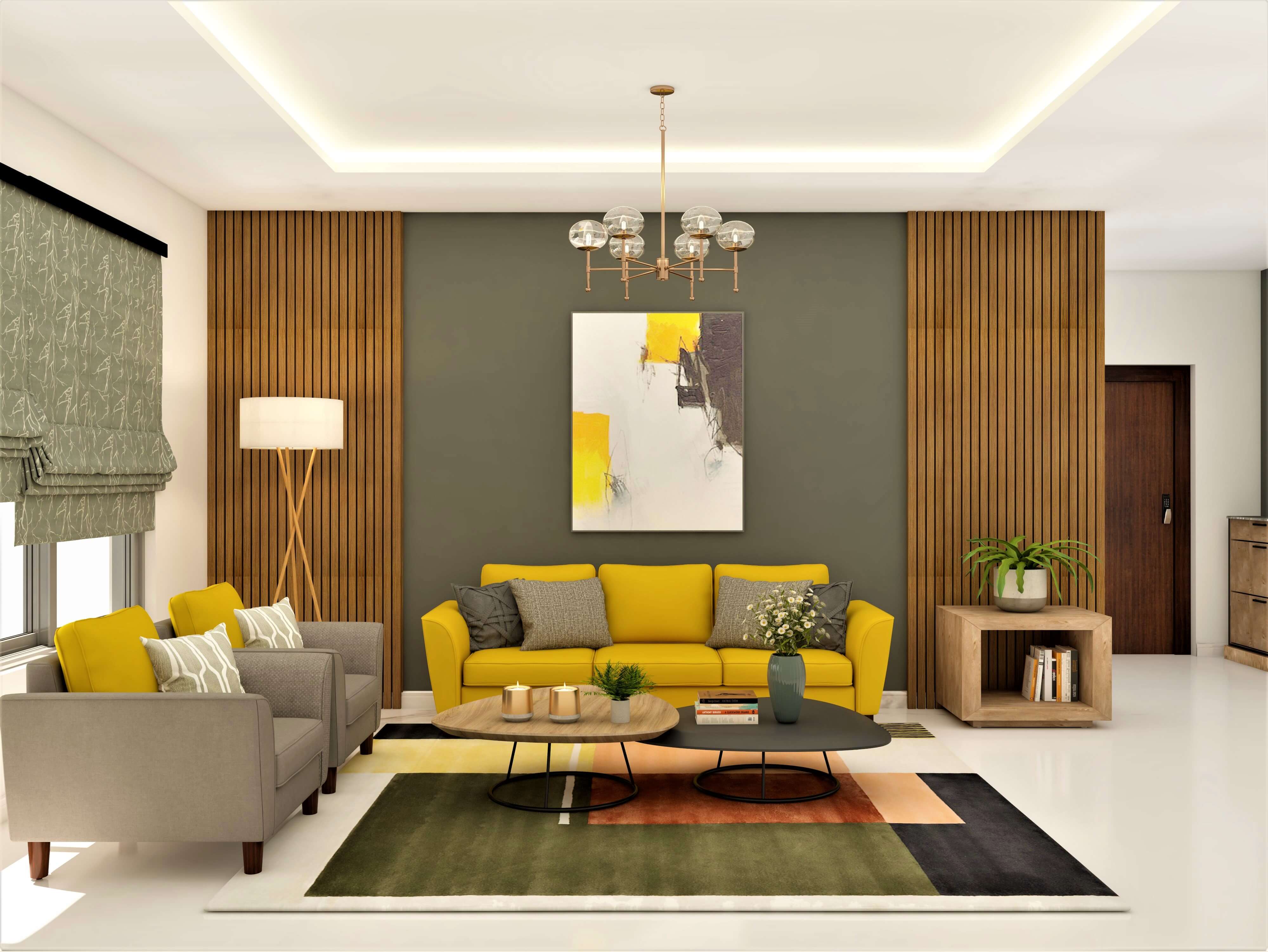Modern living room design with wooden fluted panels - Beautiful Homes