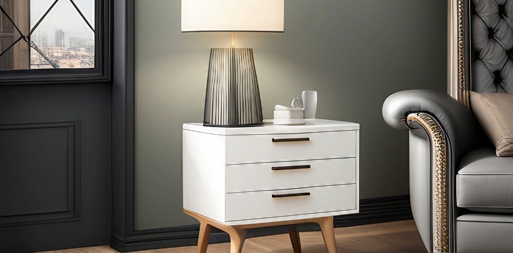 White drawer cabinet for modern living room with grey chair and walls-Beautiful Homes