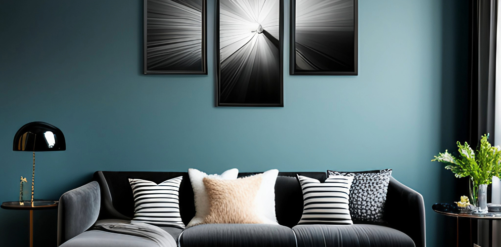 Modern living room wall art with dark grey sofa set-Beautiful Homes