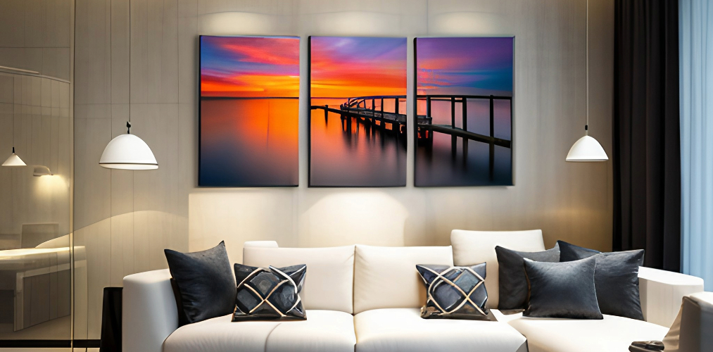 Colorful artwork for modern living room with sofa set - Beautiful Homes