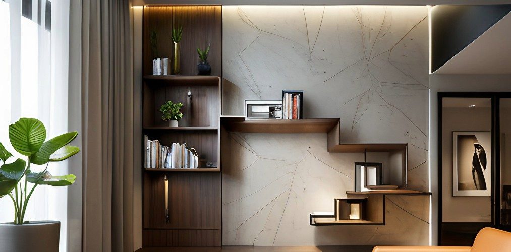 Wall shelves and tile for modern living room wall - Beautiful Homes