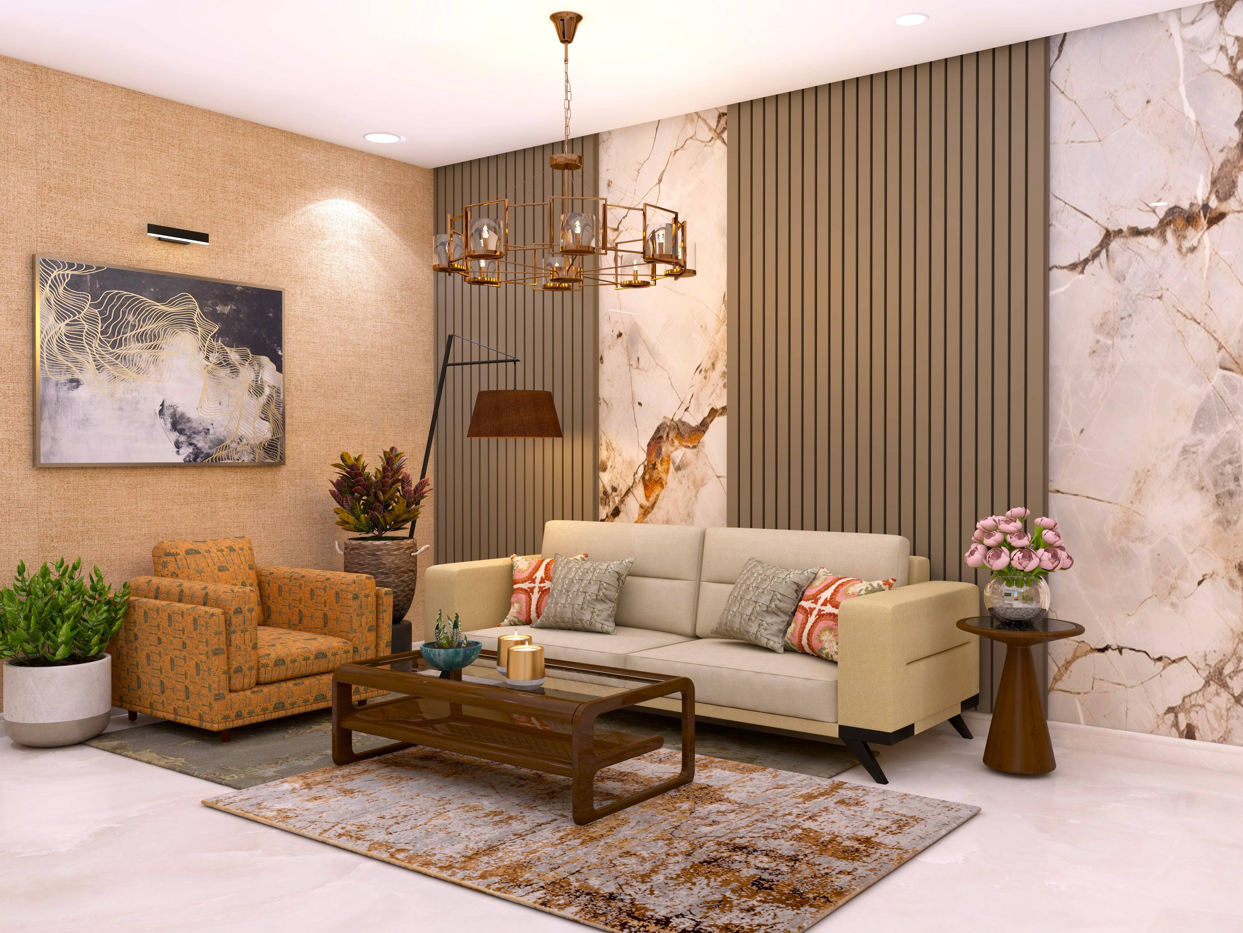Modern living room wall with beige fluted paneling and marble wall tile - Beautiful Homes
