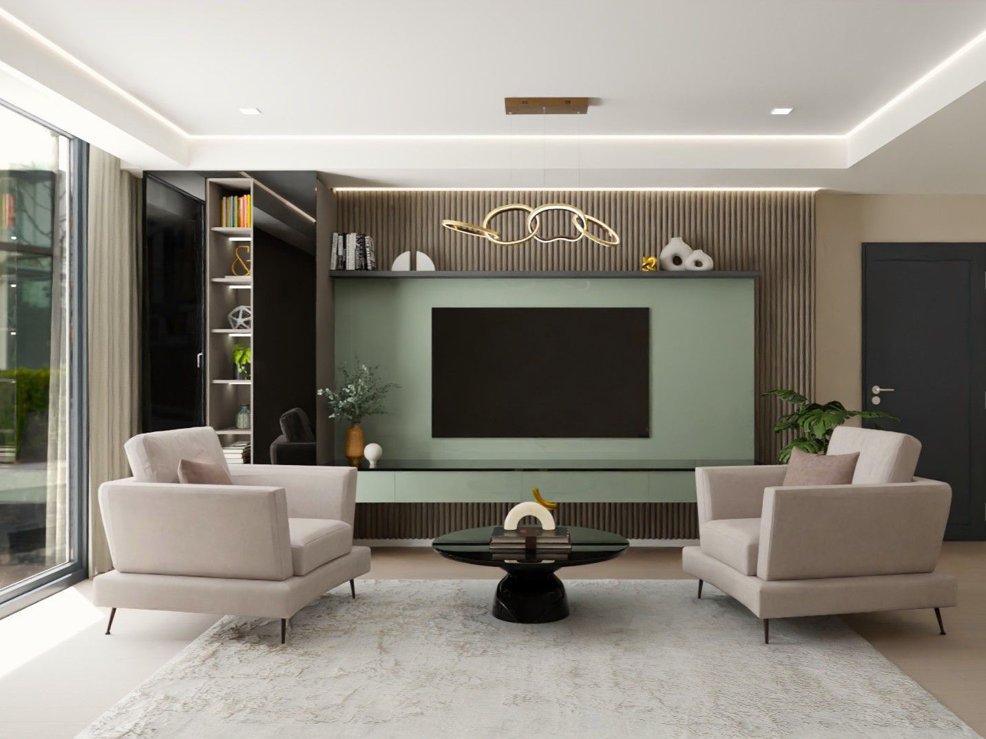 Modern living room featuring cream armchairs, a round coffee table, and a textured entertainment wall with built-in shelving - Beautiful Homes