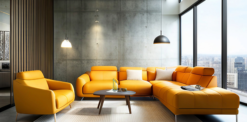 Modern living room with 6-seater yellow sofa and concrete wall-Beautiful Homes