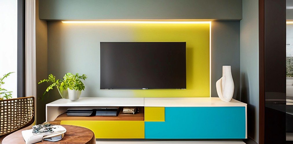 Modern living room with a colorful TV unit-Beautiful Homes