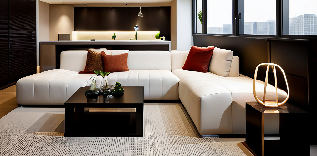Modern living room with a white sectional sofa and wooden coffee table-Beautiful Homes